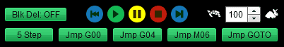 User interface with buttons labeled Blk Del: OFF, 5 Step, Jmp G00, Jmp M06, and Jmp GOTO, each accompanied by a distinct icon.