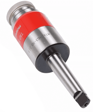 Cylindrical machining tool with silver body, red band, and black tip.