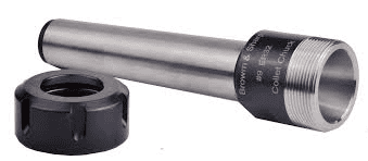 Cylindrical metal part with threaded end, resting on black component at an angle, featuring silver band with white text.