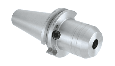 Silver metal tool with a tapered end and central hole.