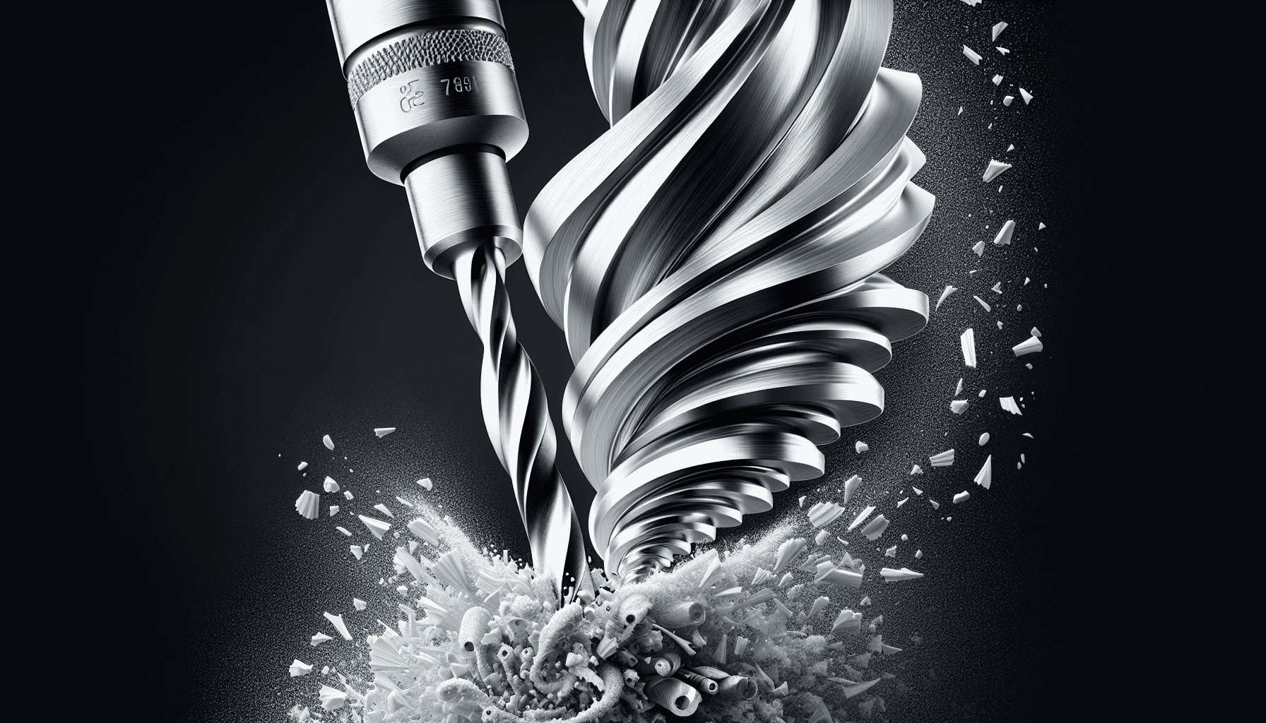 Silver drill bit with spiral flute and shavings, on dark gray background.