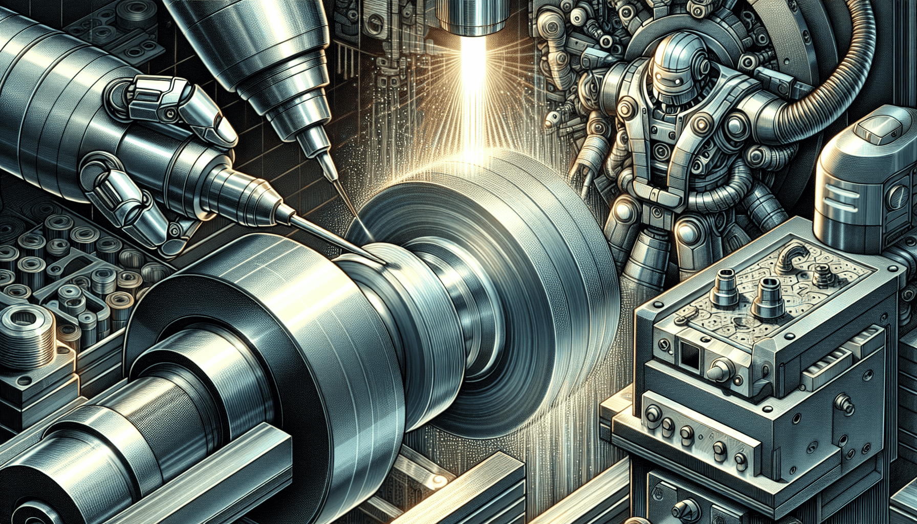 Metal fabrication process with various tools and machinery in gray, blue, and silver tones.