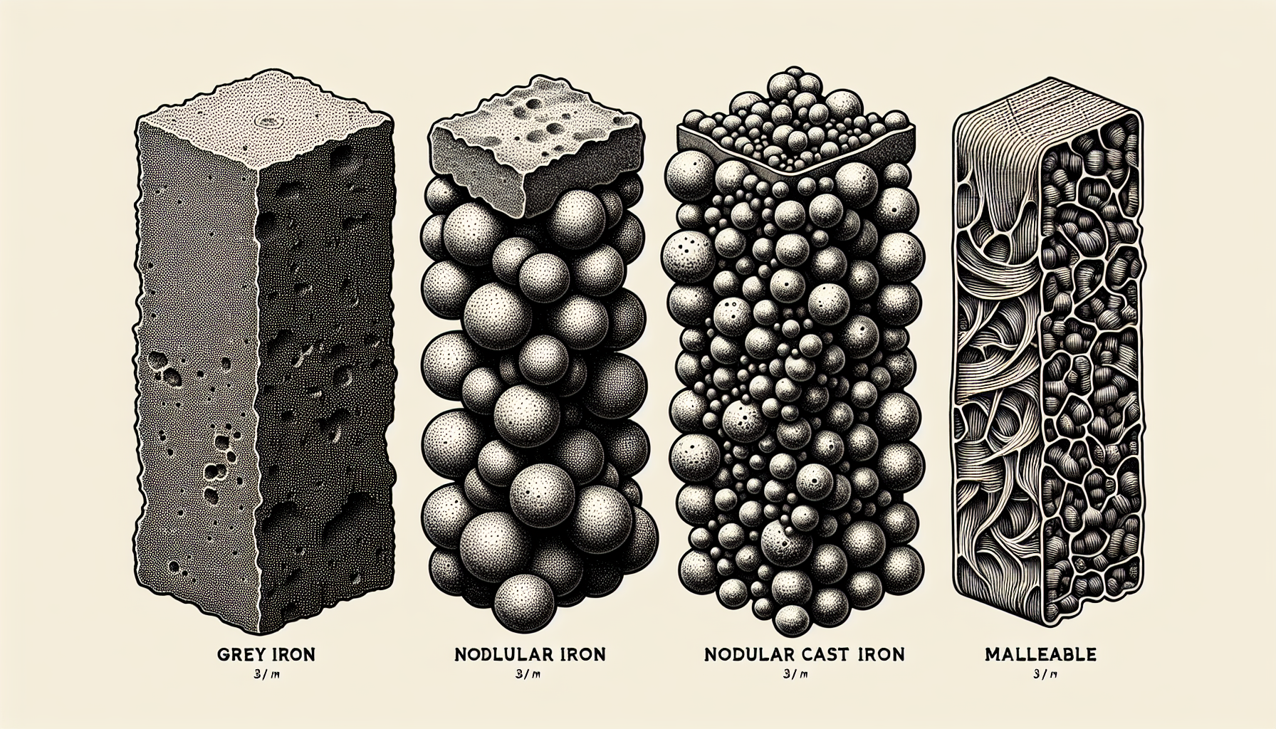 Different types of iron: grey iron, nodular iron, malleable iron and cast iron.