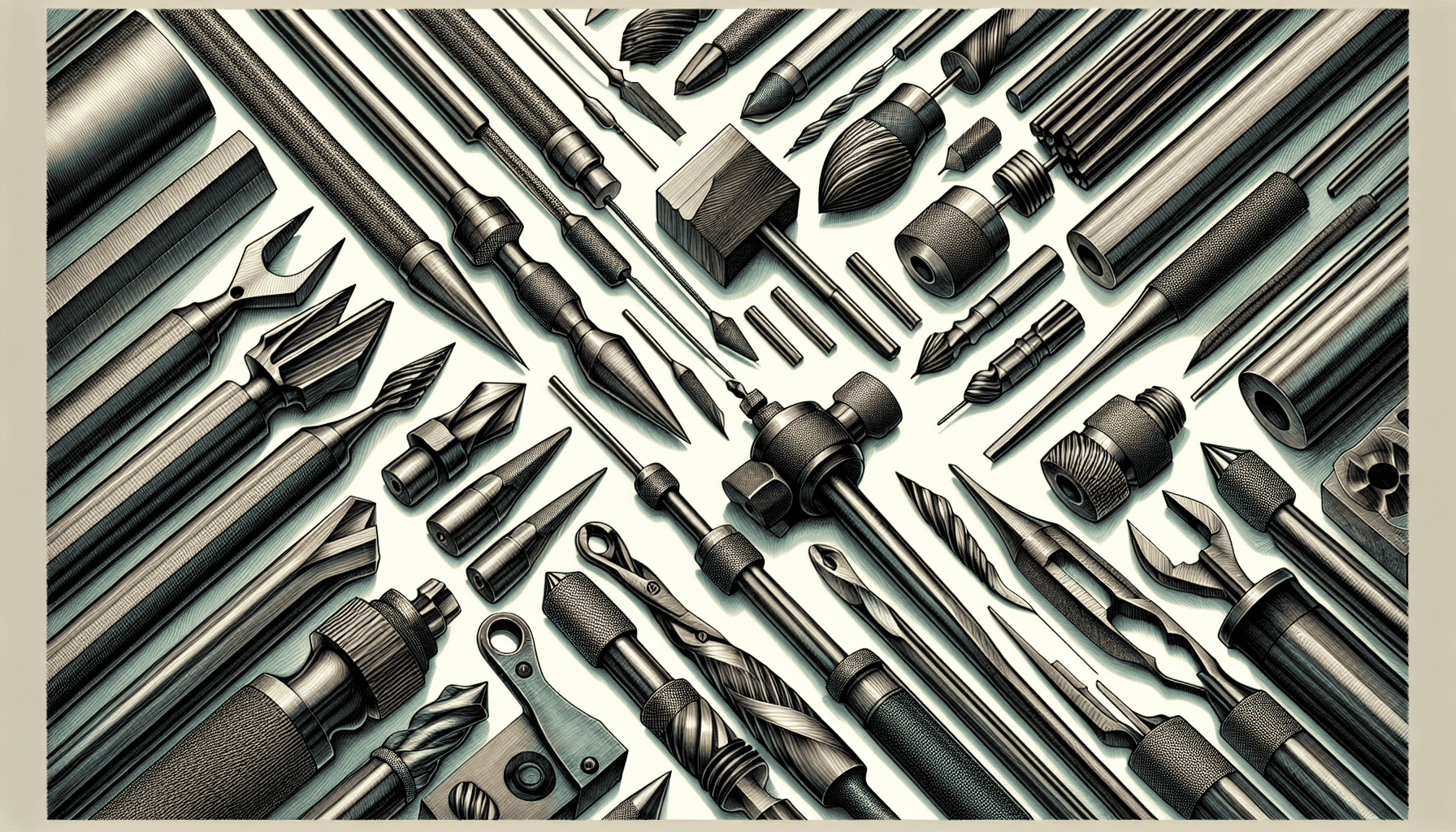 Metalworking tools: drill bits, taps, and cutting tools arranged on a white background.