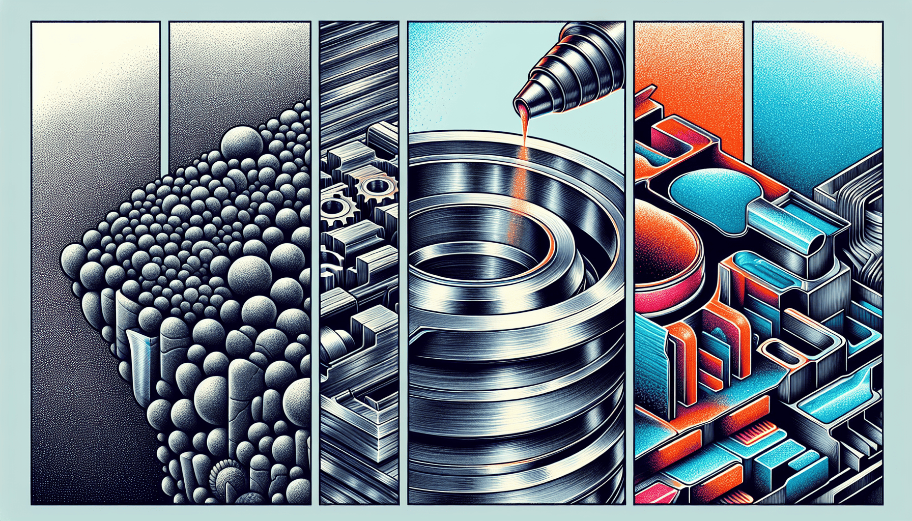 Metal casting process with spheres transforming into complex structure.