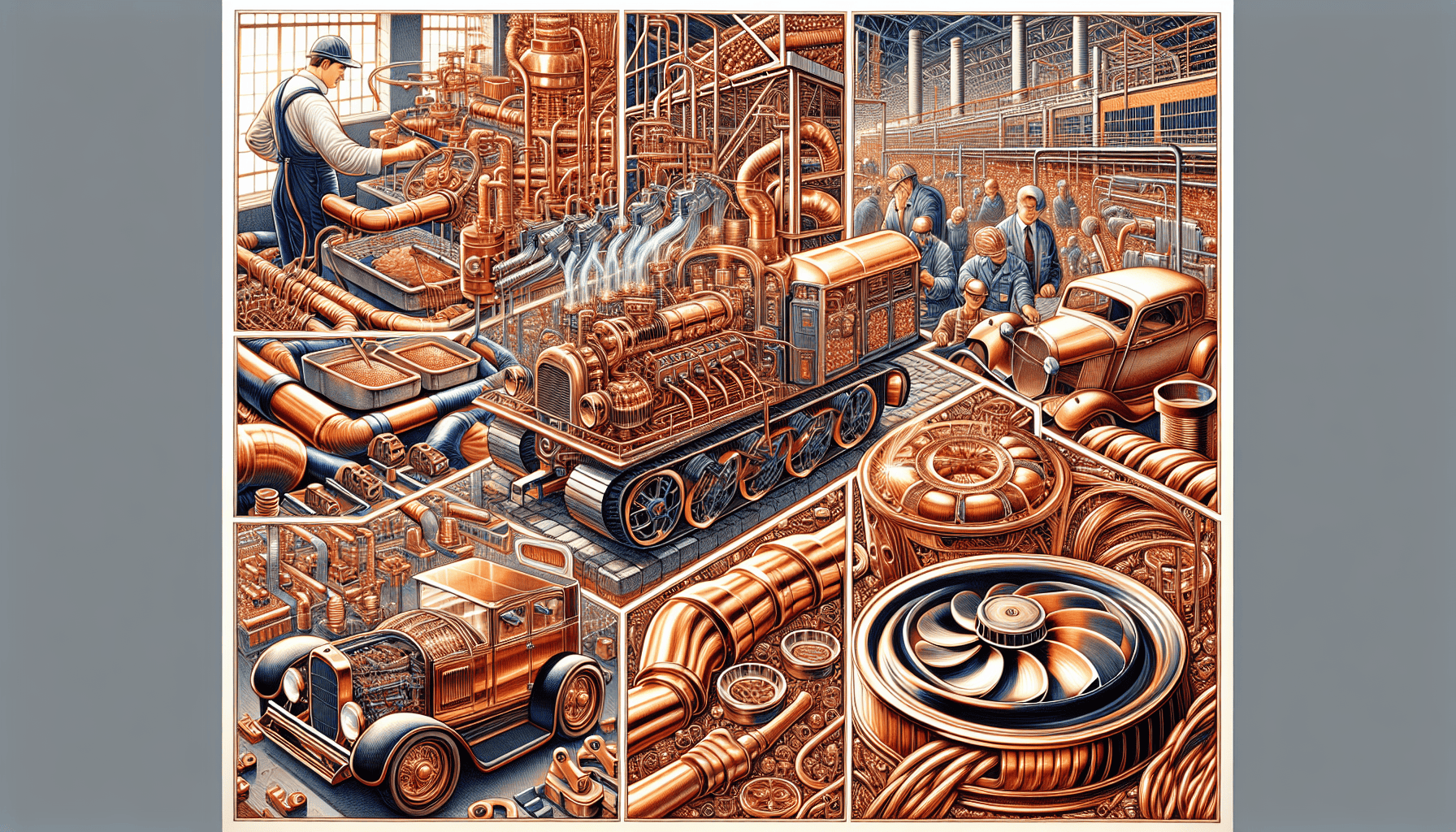 Vintage factory floor with machinery, workers, and industrial elements.