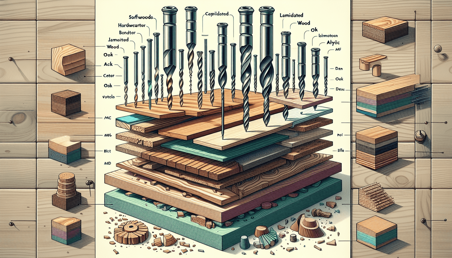 Detail illustration of various types of wood screws, labeled.
