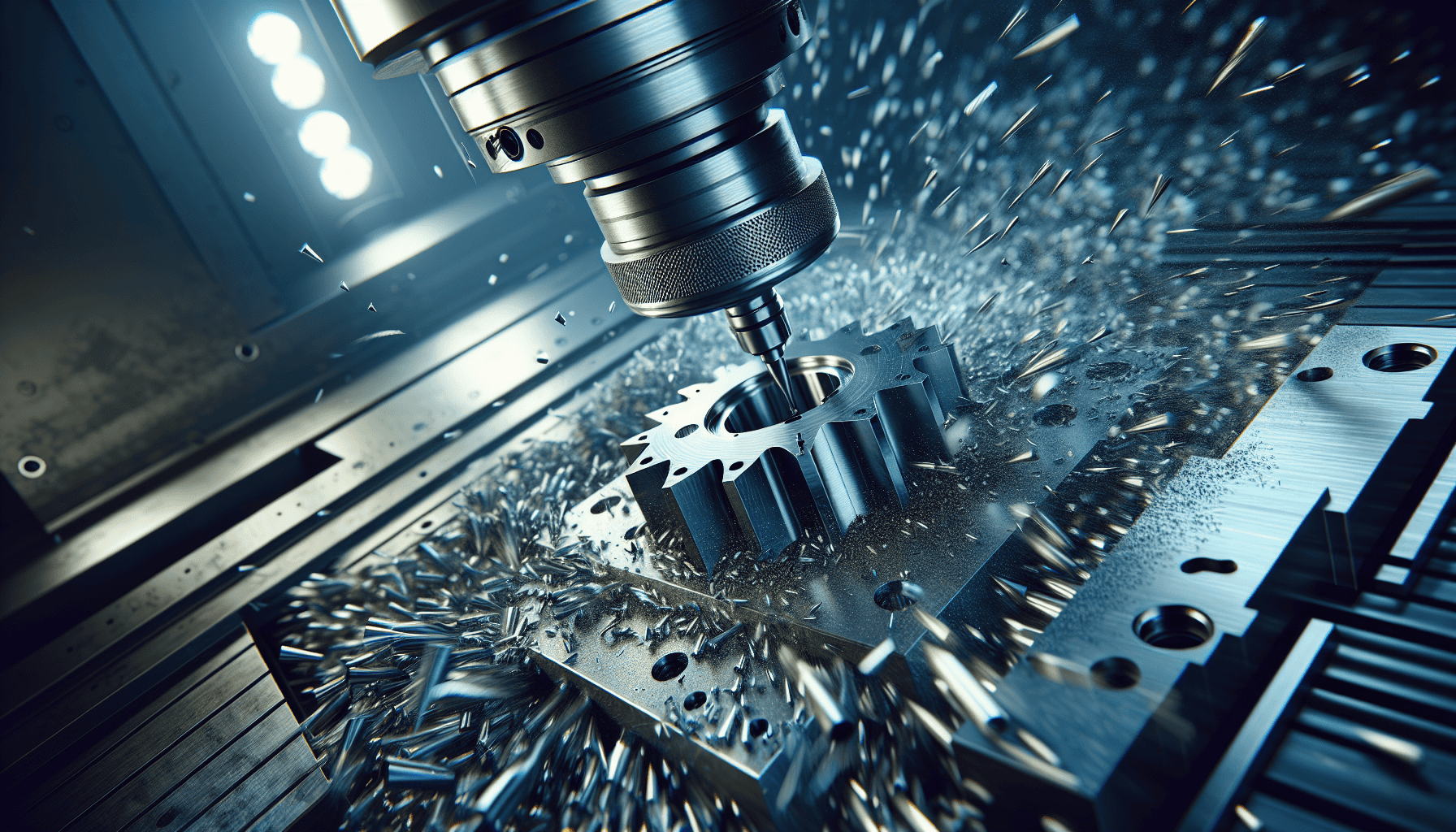 Metal cutting process with drill bit/milling cutter in motion, sparks and chips on metal.