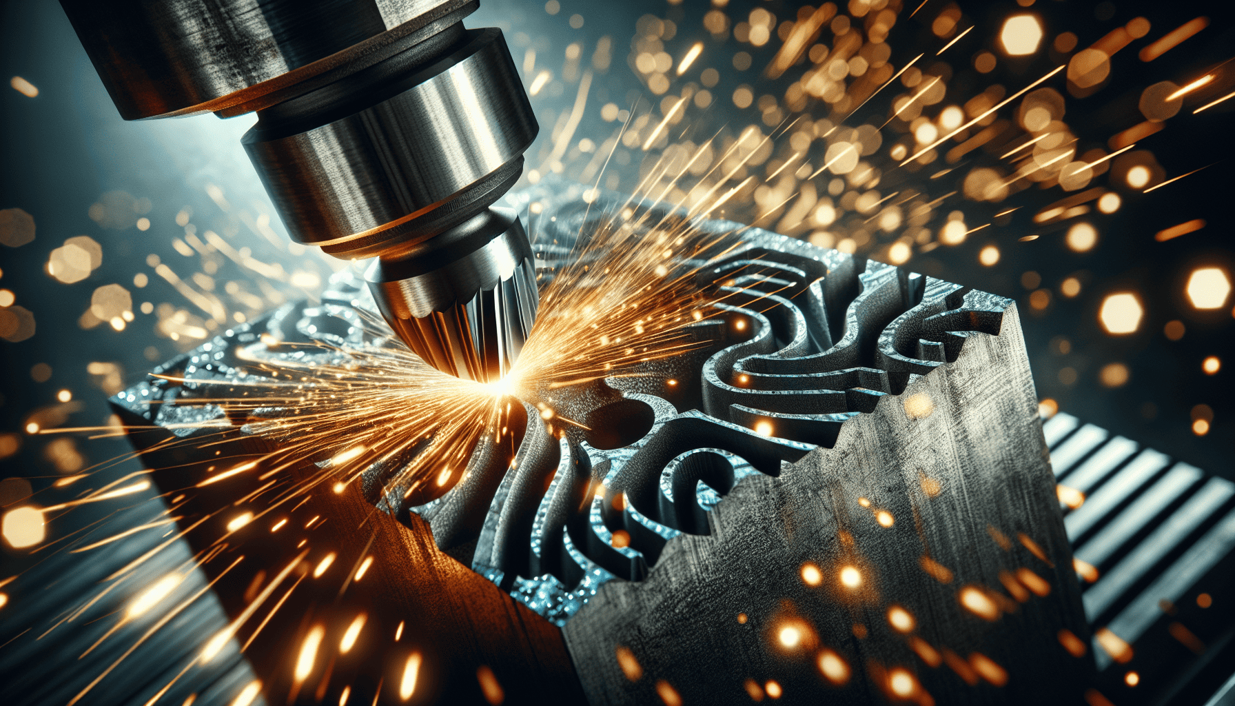 A CNC machine efficiently engraves intricate patterns on a cast iron block, emitting bright sparks as it carves and finishes the surface.