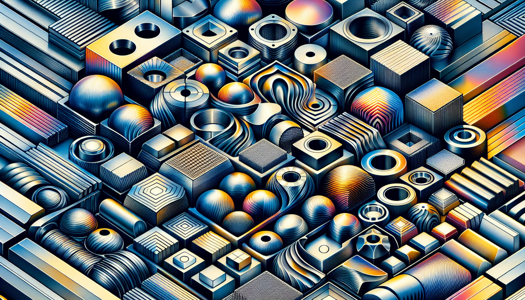 Vibrant graphic featuring geometric shapes in blues, golds, and silvers.