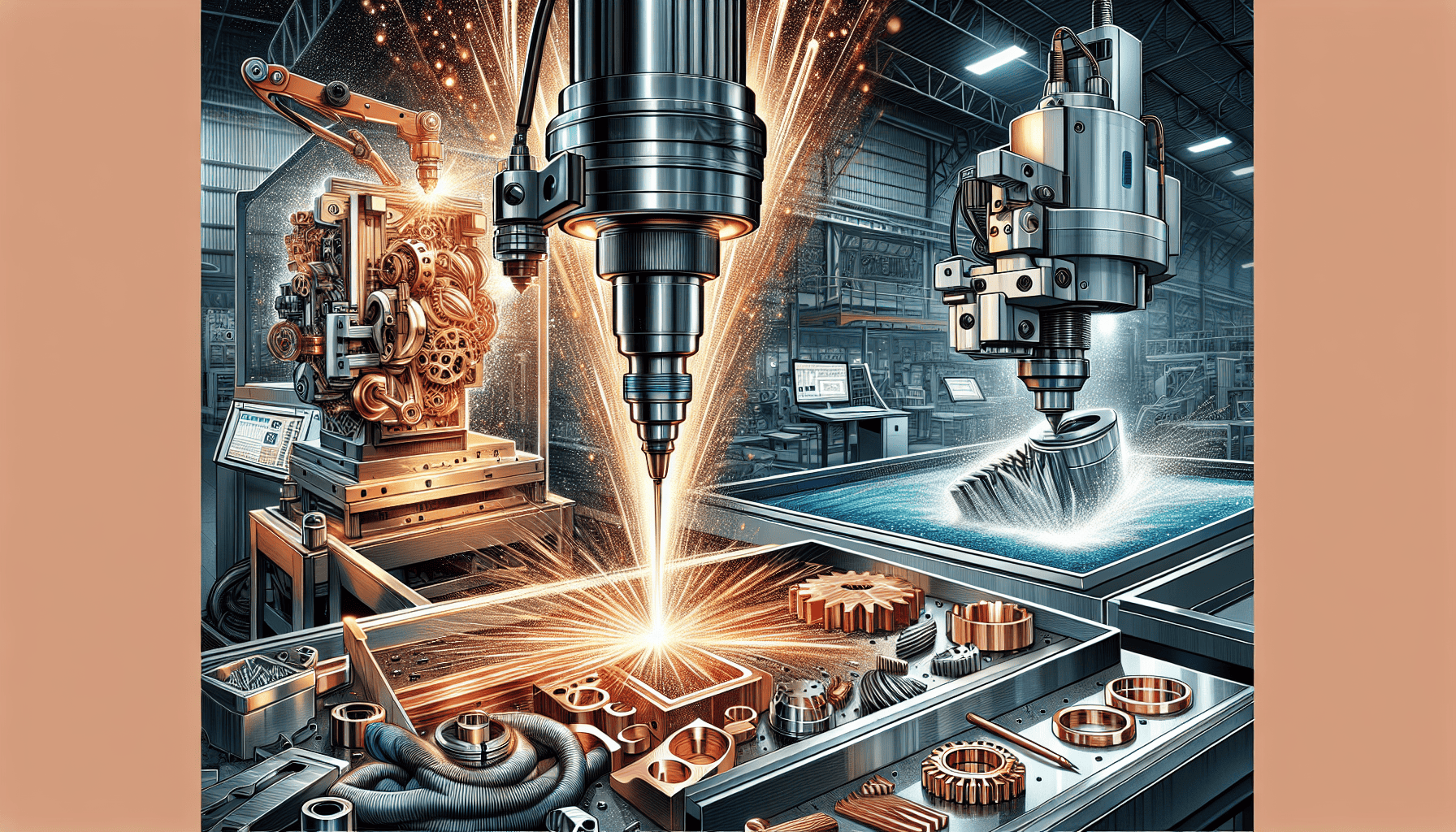 Machining equipment and metalworking tools in a machine shop setting with CNC machines and emphasis on precision and accuracy.