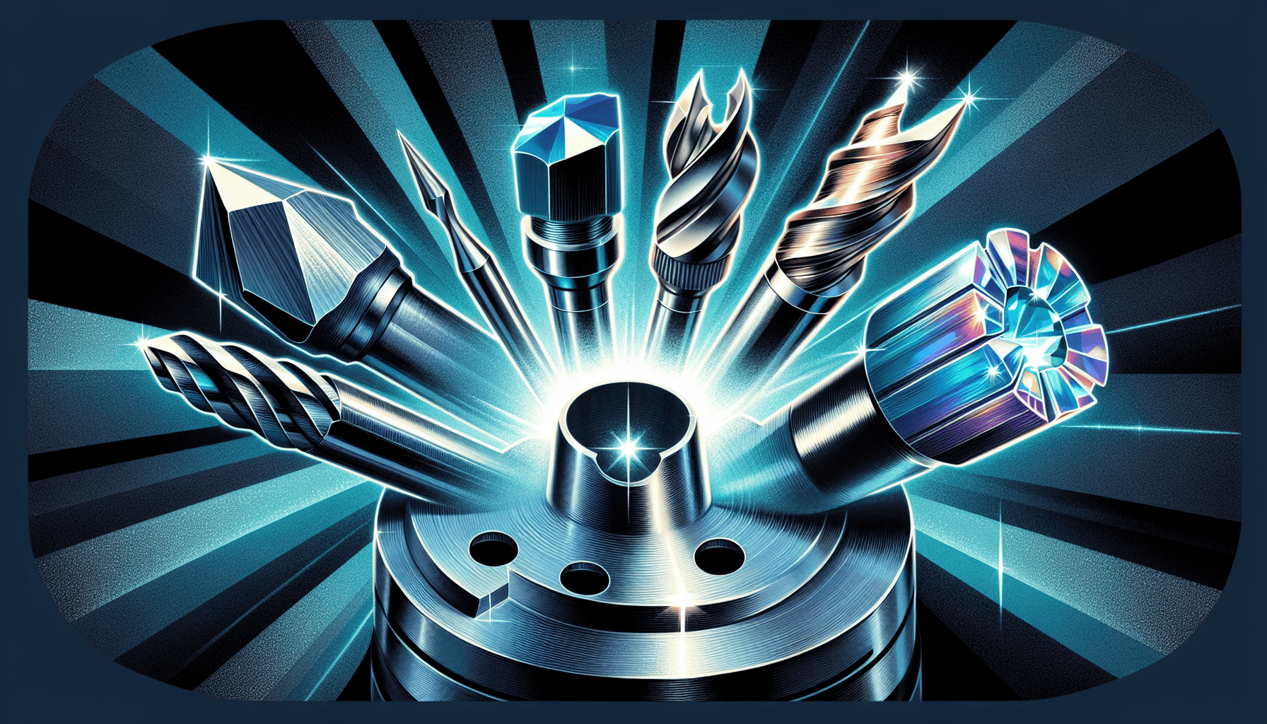 Metal cutting tools with unique shapes and designs arranged in a circular pattern.