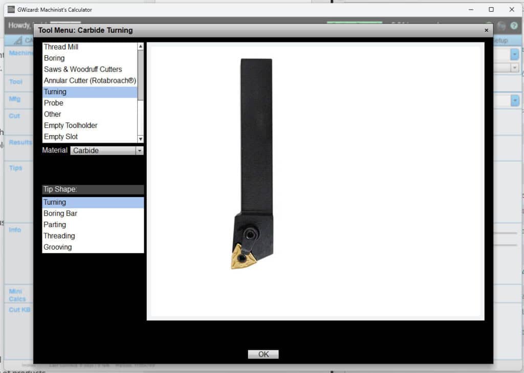 Screenshot of Carbide Turning tool menu page on a machining website