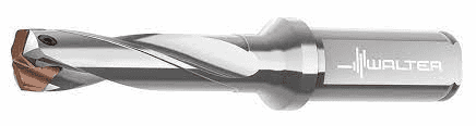 A close-up of an indexable drill bit with a spiral design and shiny silver chrome shank displaying a WALTEC logo.