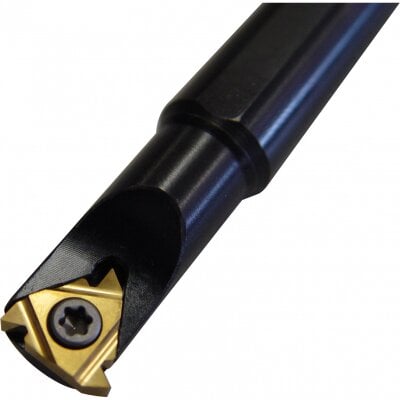 Black cylindrical object with gold tip, screw-like mechanism, designed for threading or turning operations.