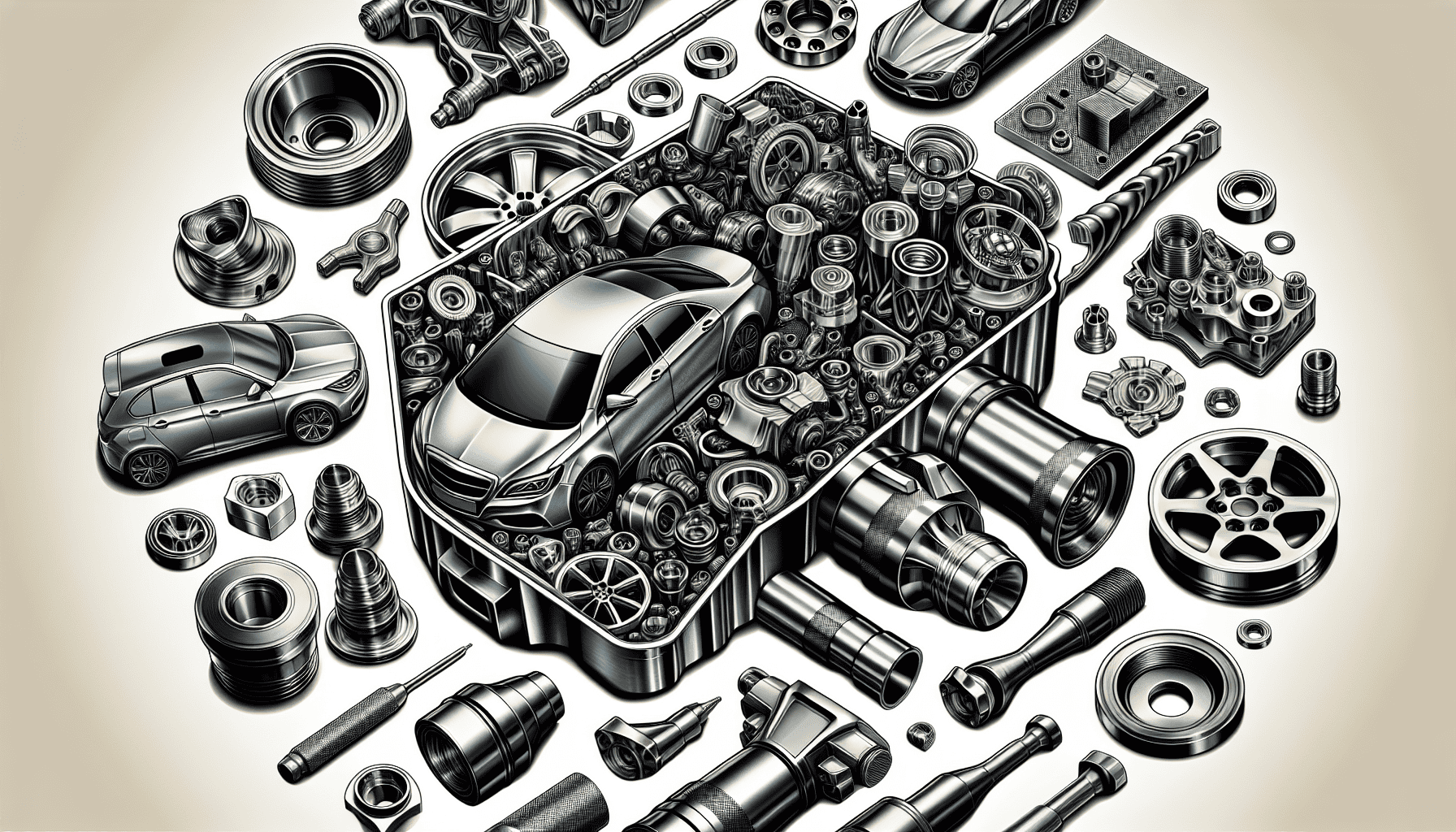 A car surrounded by intricate metal components.