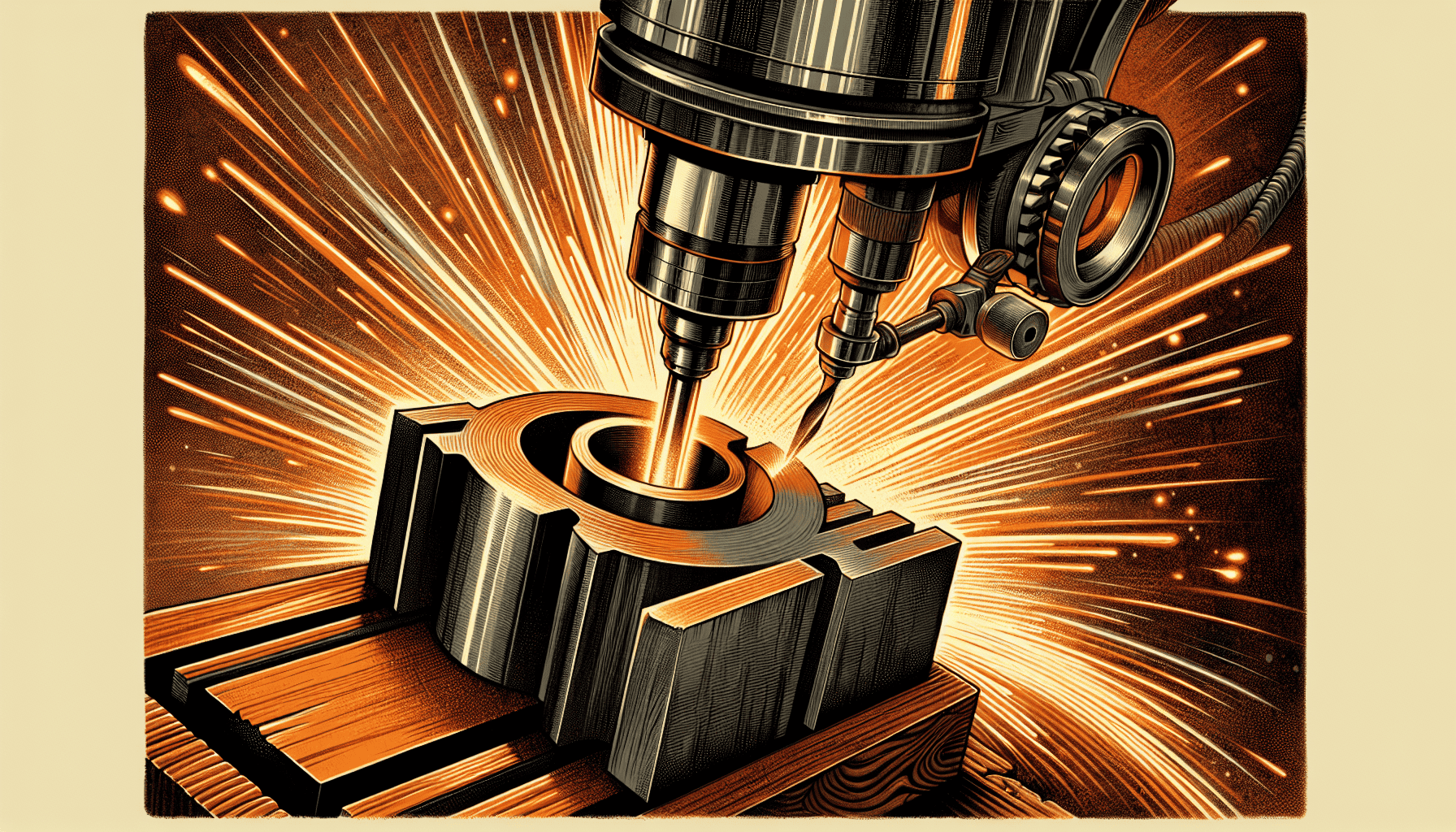 A large metal CNC machining center with rotating cutting tool, surrounded by sparks and smoke.