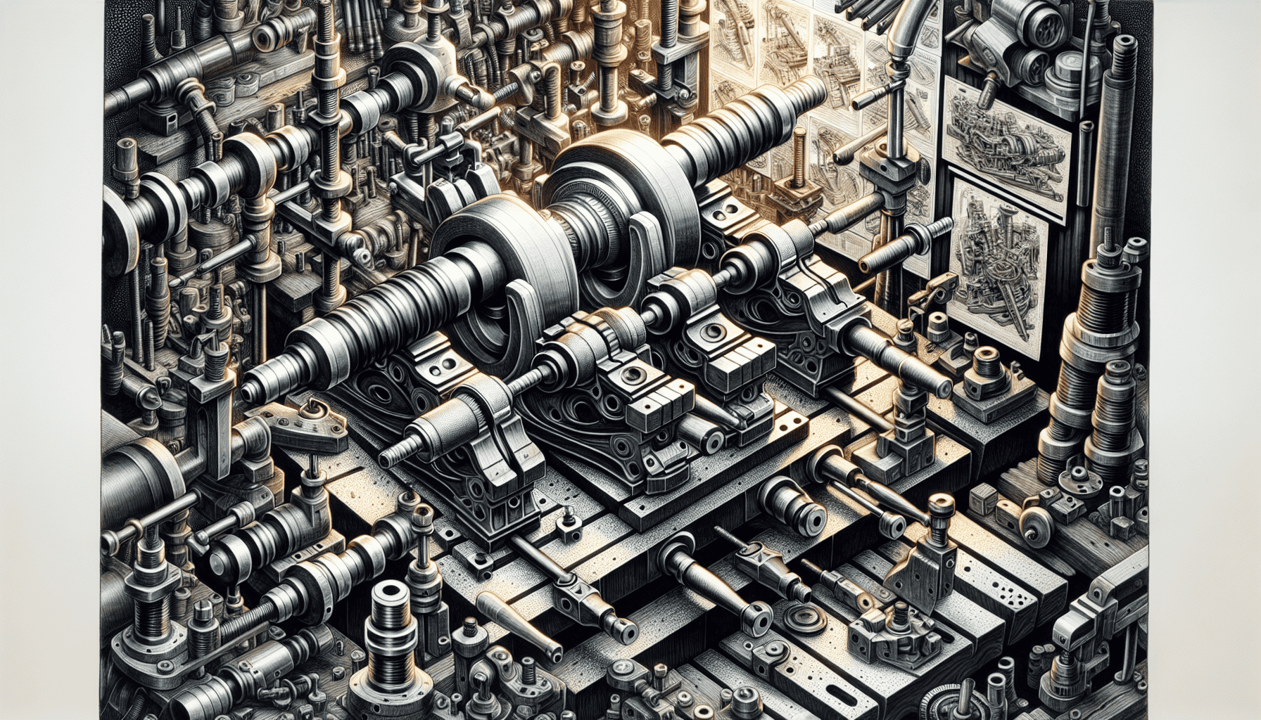 Complex machine shop setup with industrial machinery, tools, lathes, grinders, milling machines, saws, and drills.