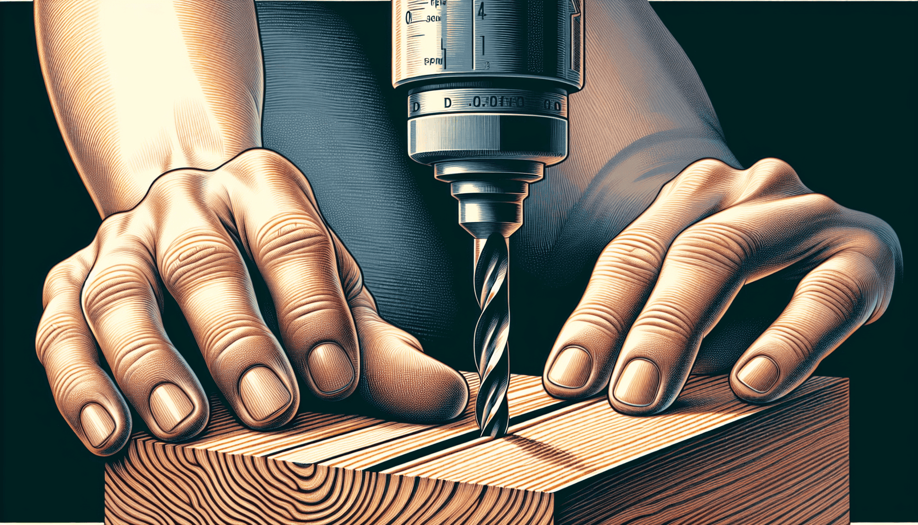 Person operating a drill press to create a hole in a block of wood.