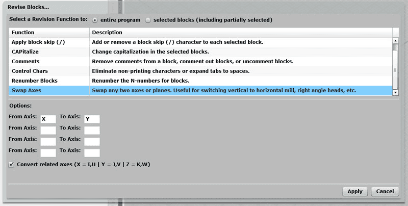 Computer screenshot displaying revision menu with radio buttons and function list