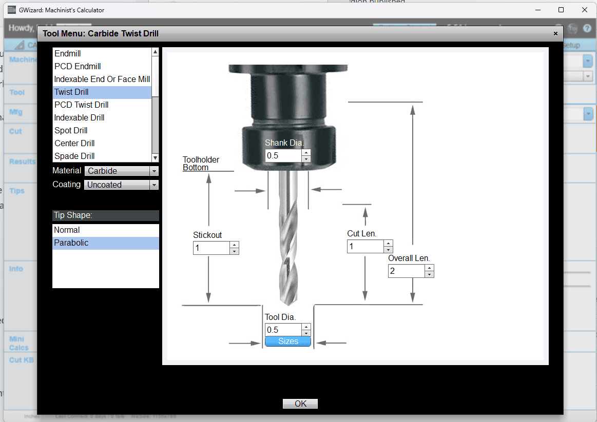 Twist drill bit with measurement labels in grayscale.