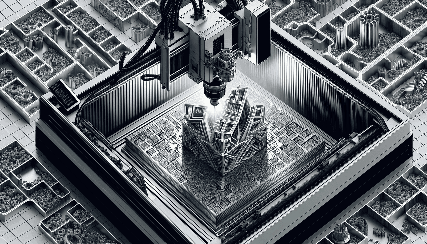 Black and white illustration of a 3D printer in an industrial workshop.