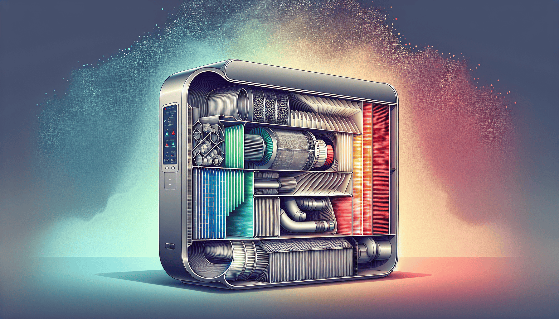 Futuristic machine with colorful tubes and wires.