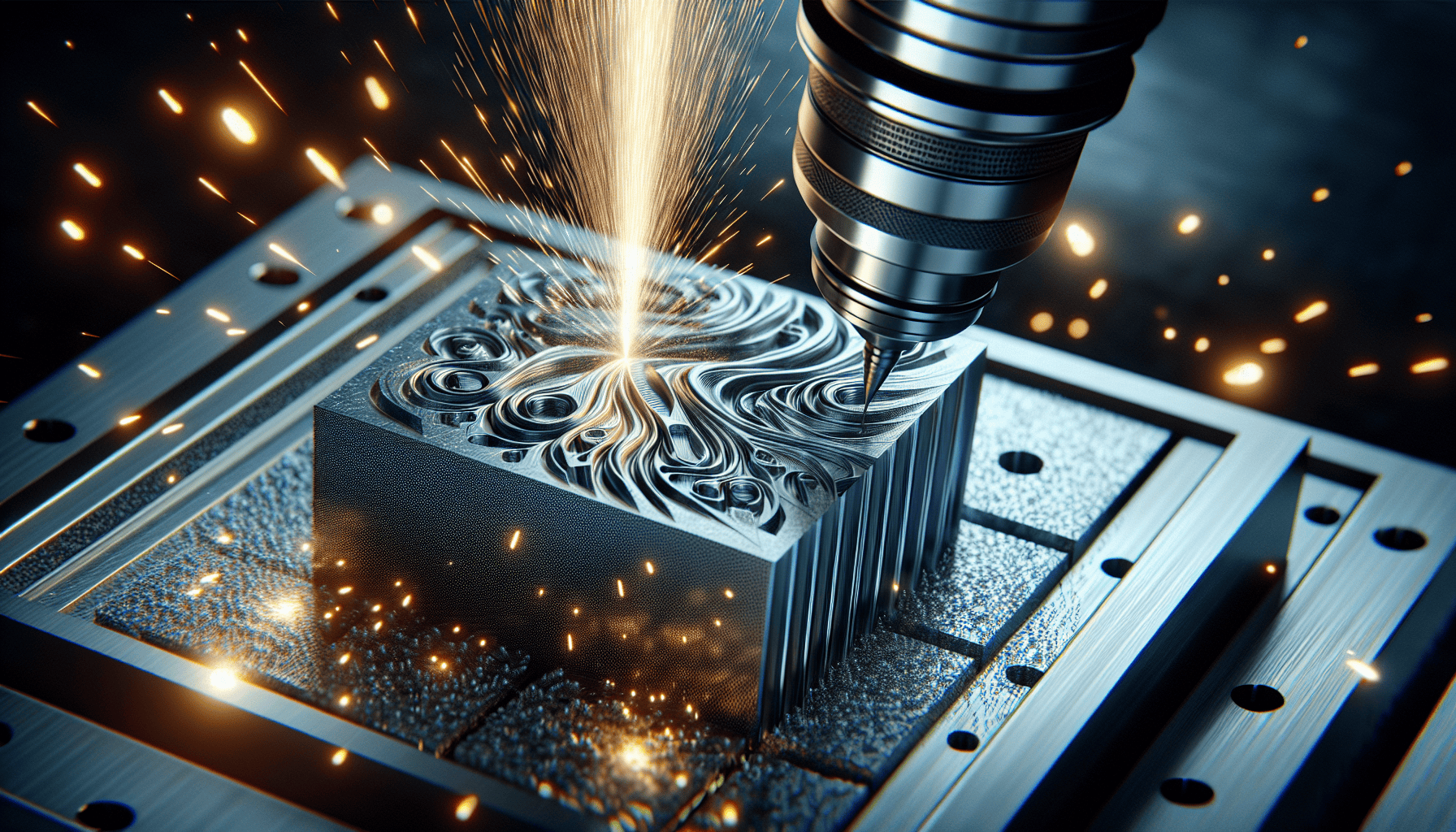 Metal block being precision-cut by CNC machine with sparks flying from cutting tool.