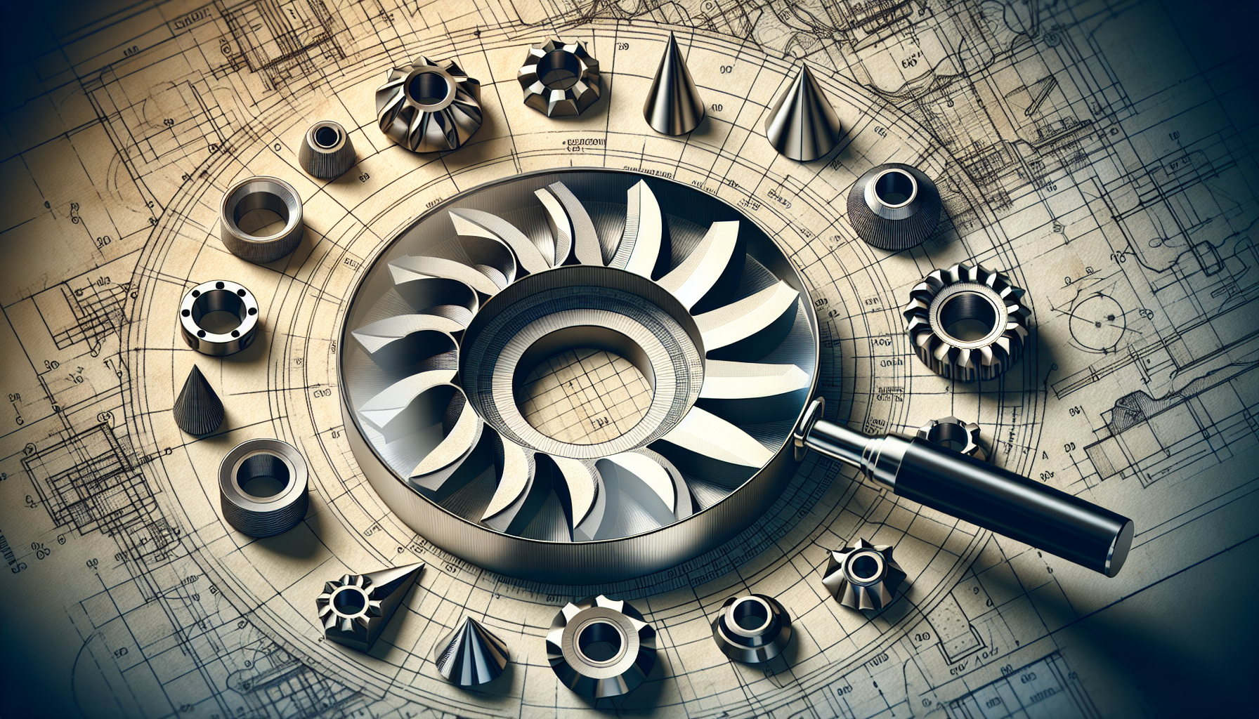 Turbine blade and metal components with technical blueprint background