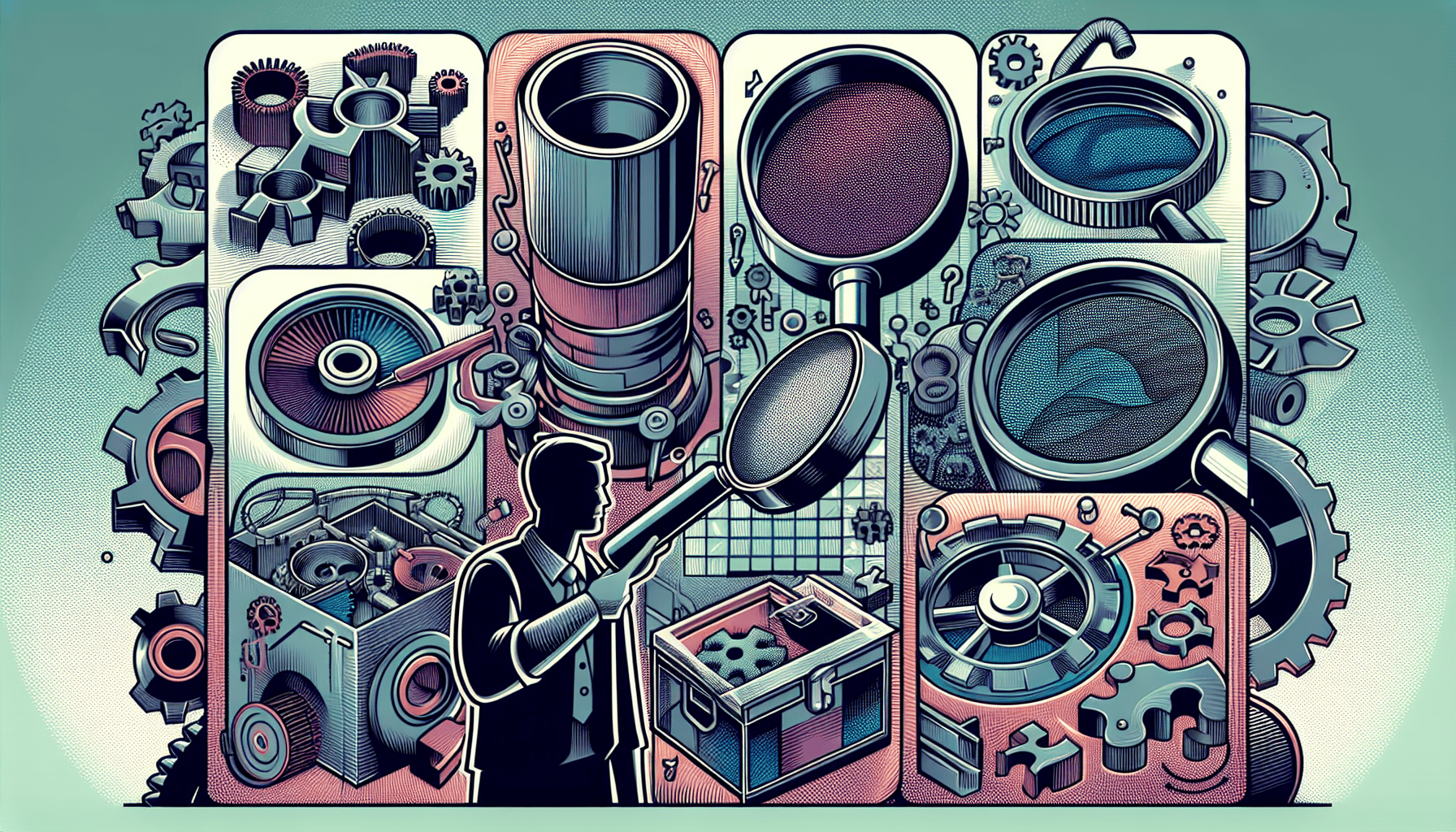 A stylized illustration of a person in an industrial setting surrounded by machine parts and tools.