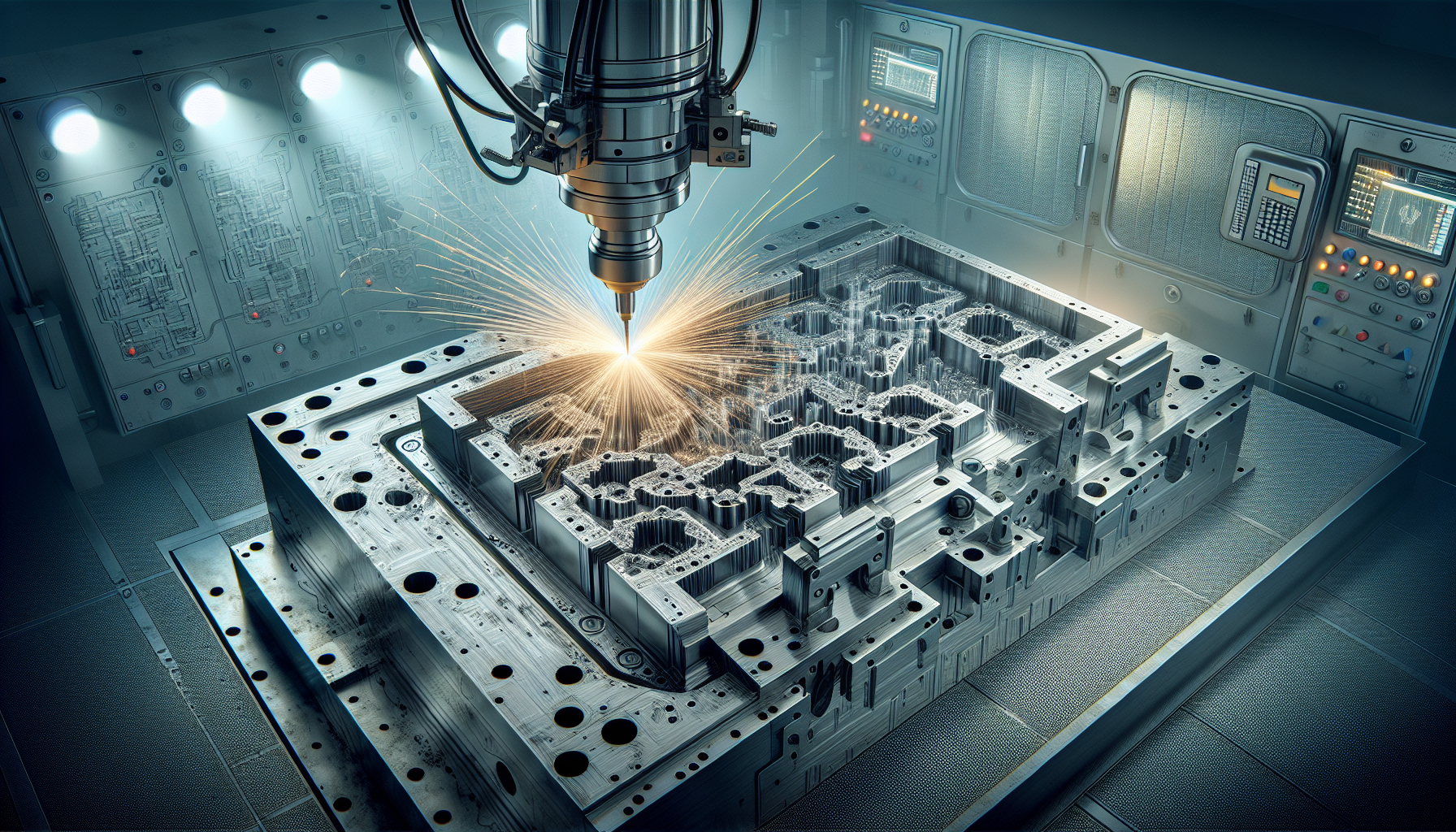 A CNC machining process on a large metal part with complex geometries and features.