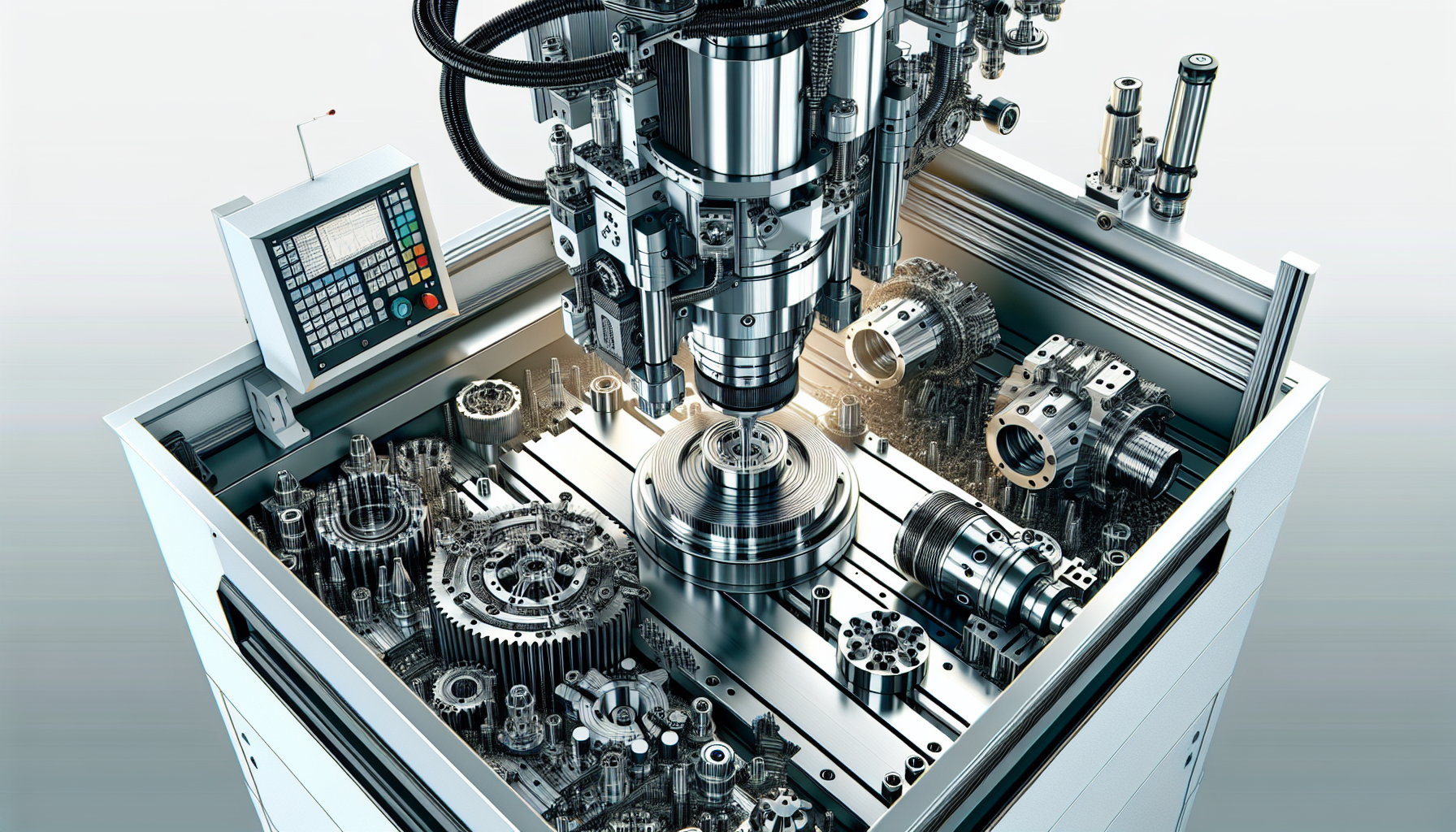 A large metalworking machine with a control panel and various tools on a clean white background.