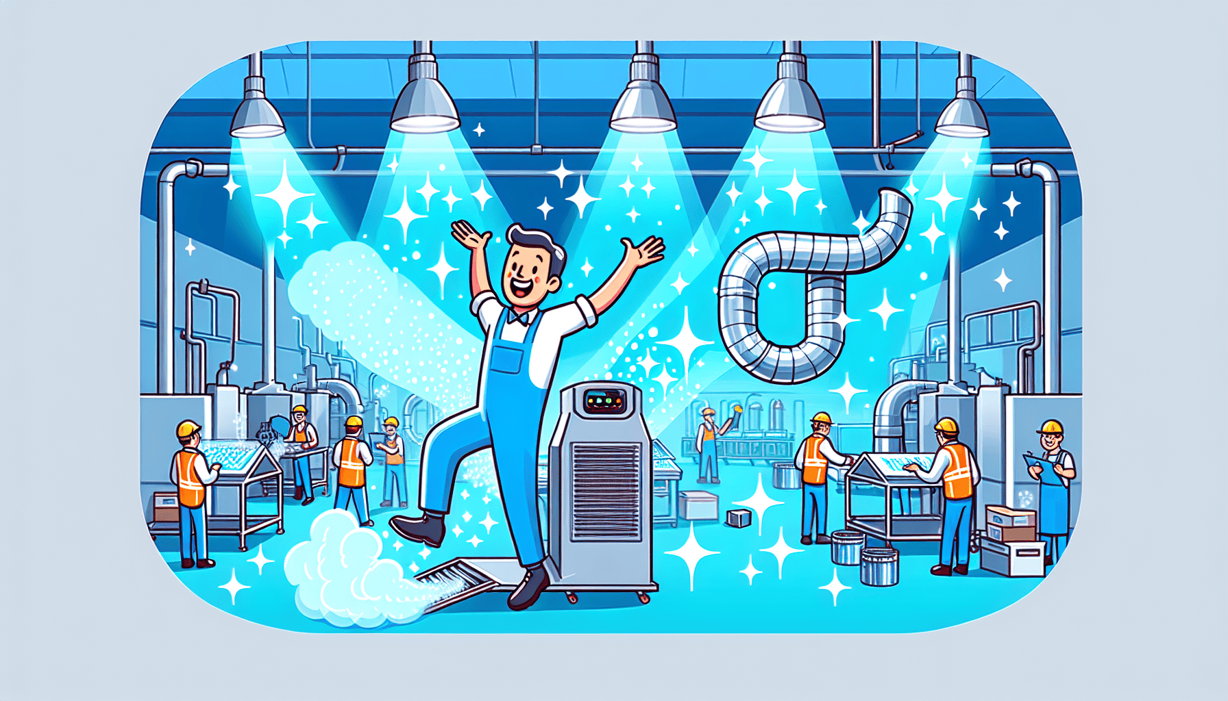 Cartoon factory or workshop setting with air conditioner unit and various machinery, workers in orange vests and yellow hard hats.