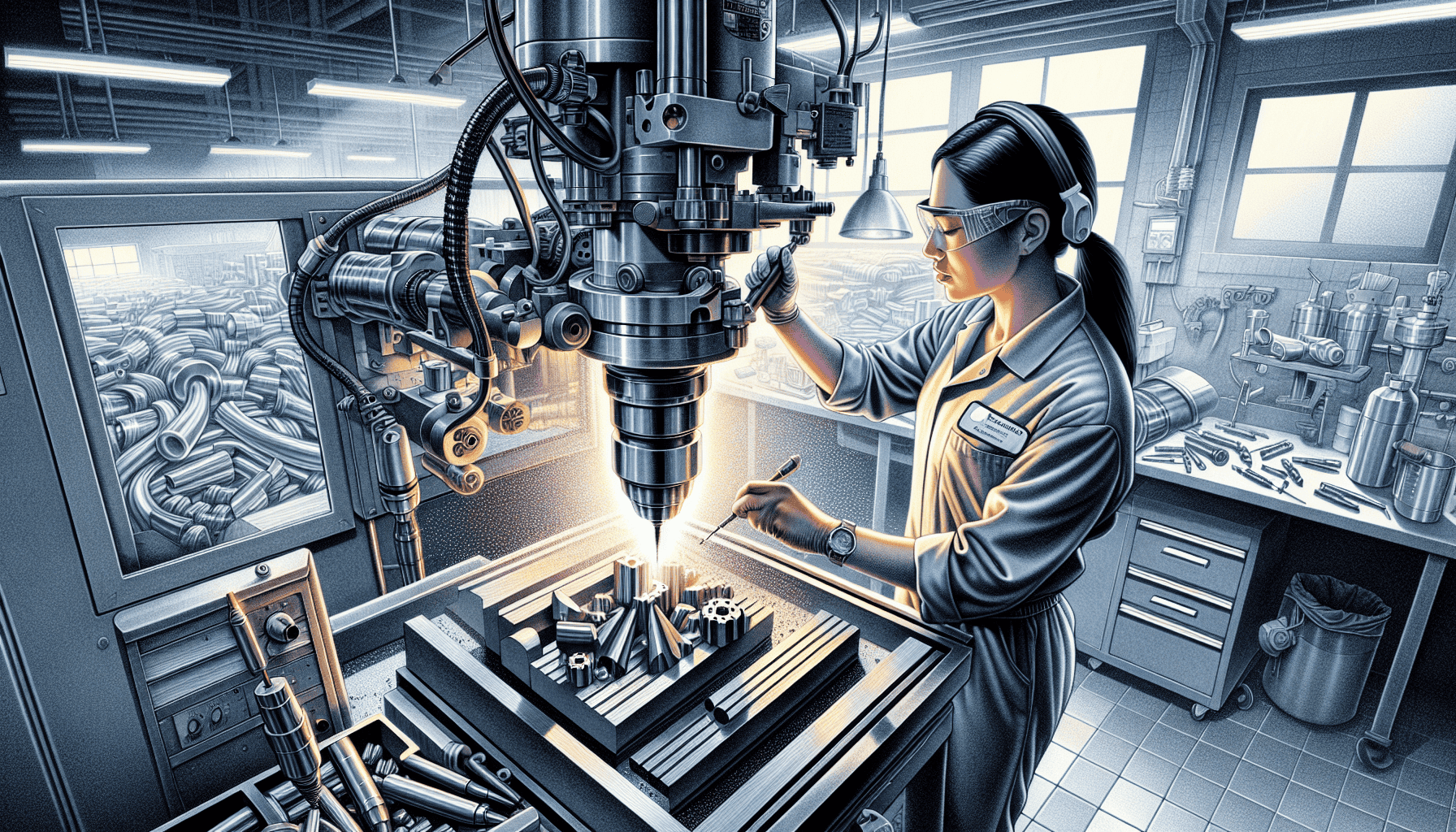 Woman in protective gear operating a large metal machine in a factory setting.