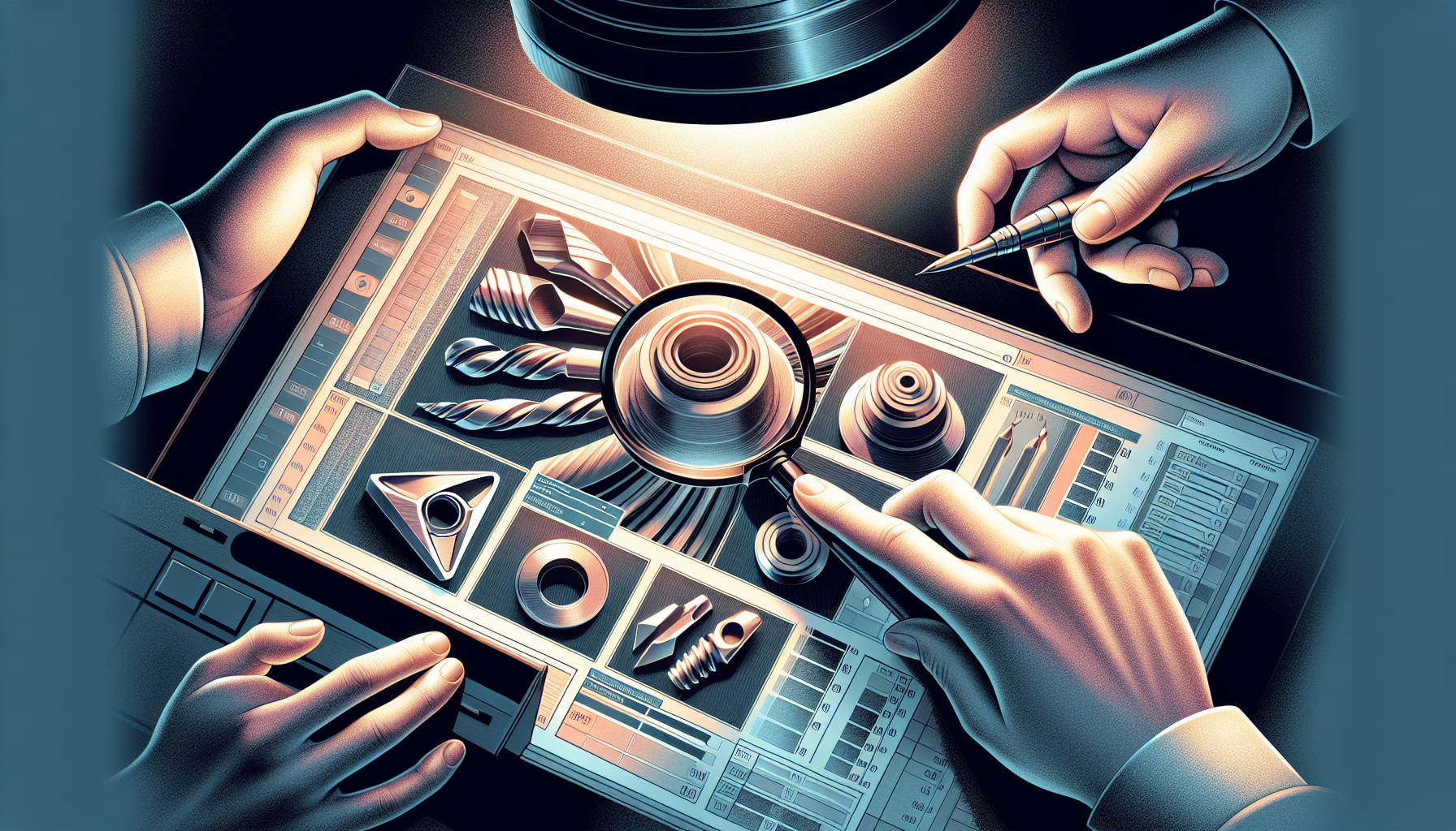 Hands holding magnifying glass over computer screen displaying metal parts, with another hand pointing to the screen.