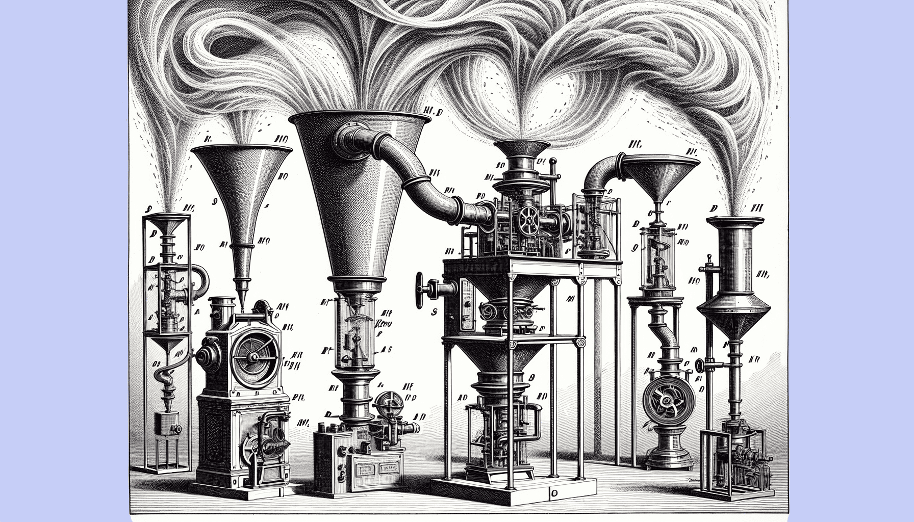 Black-and-white illustration of industrial machinery and equipment, including pipe or funnel.