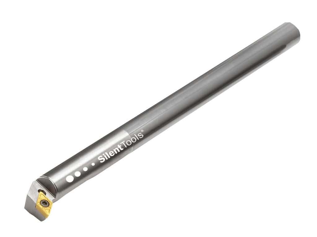 Silver metal tool with gold-colored tip, cylindrical body, triangular head and four evenly spaced holes against a white background.