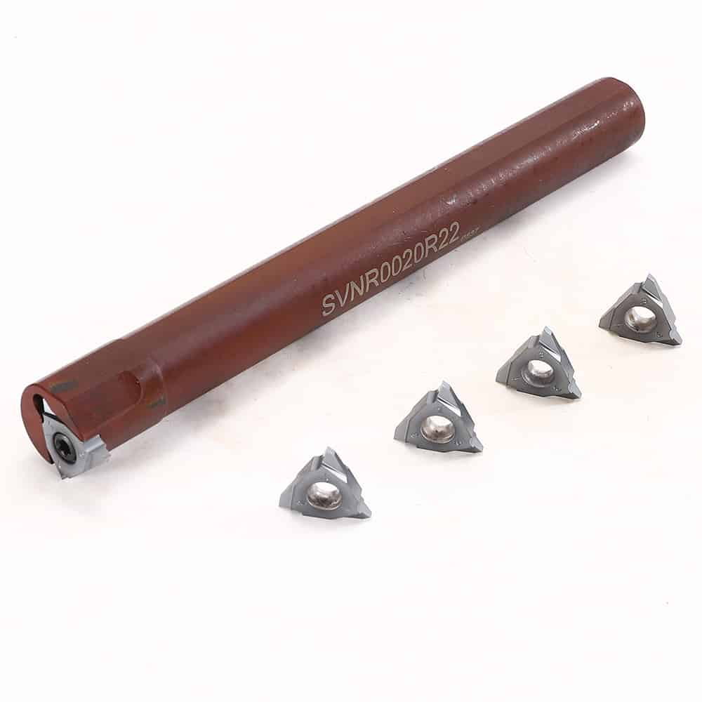A cylindrical tool with red-brown color and white text label "SVNR0020R22" featuring four small triangular metal pieces with a hole at their center.