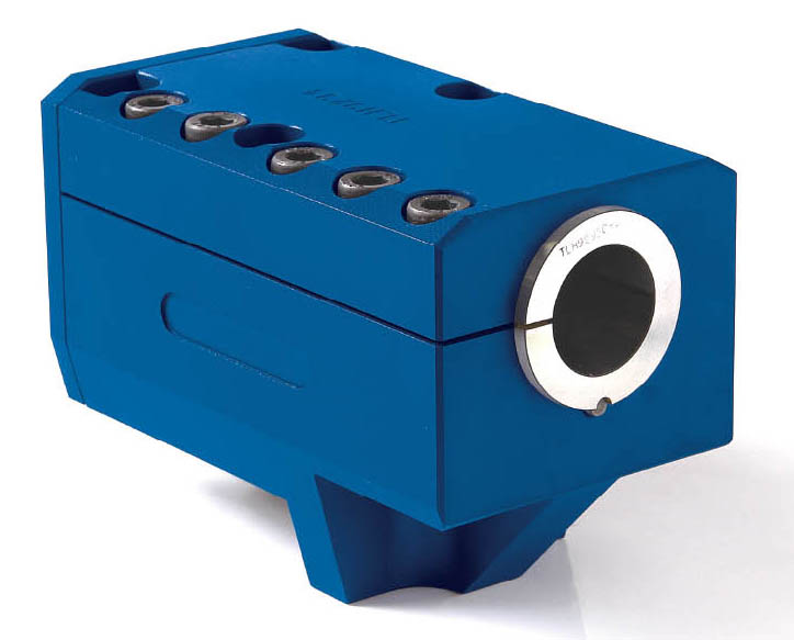 Blue sleeve-type boring bar holder with circular opening.