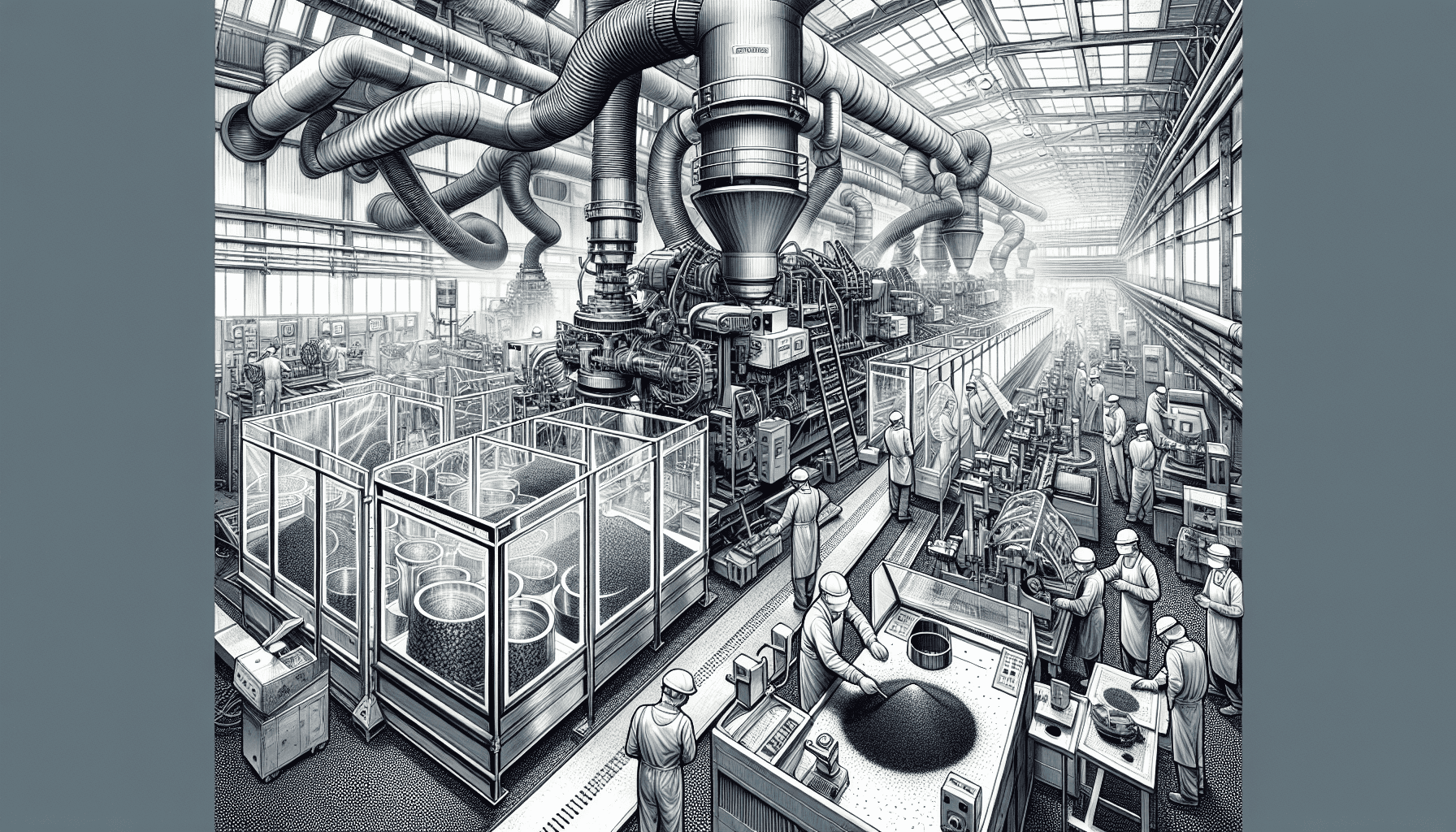Industrial machinery and workers in a busy metal fabrication facility.