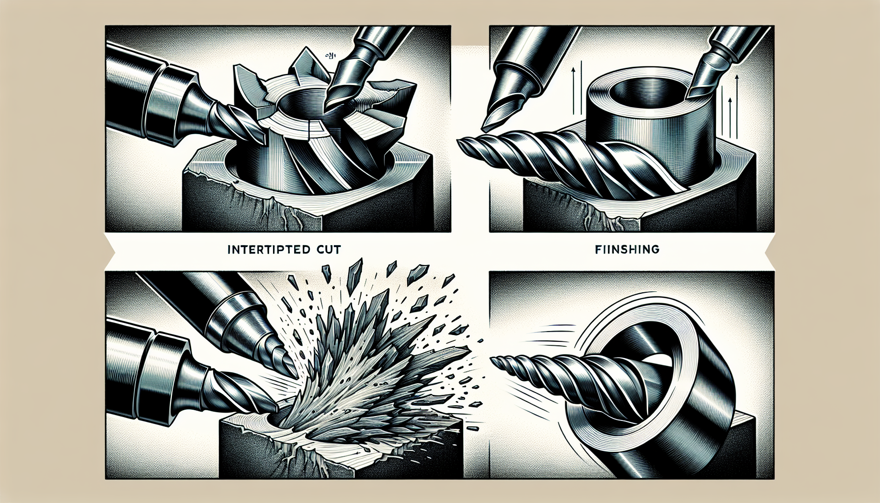 Machining process with four steps: Intertupted Cut, Finishing, cutting metal.