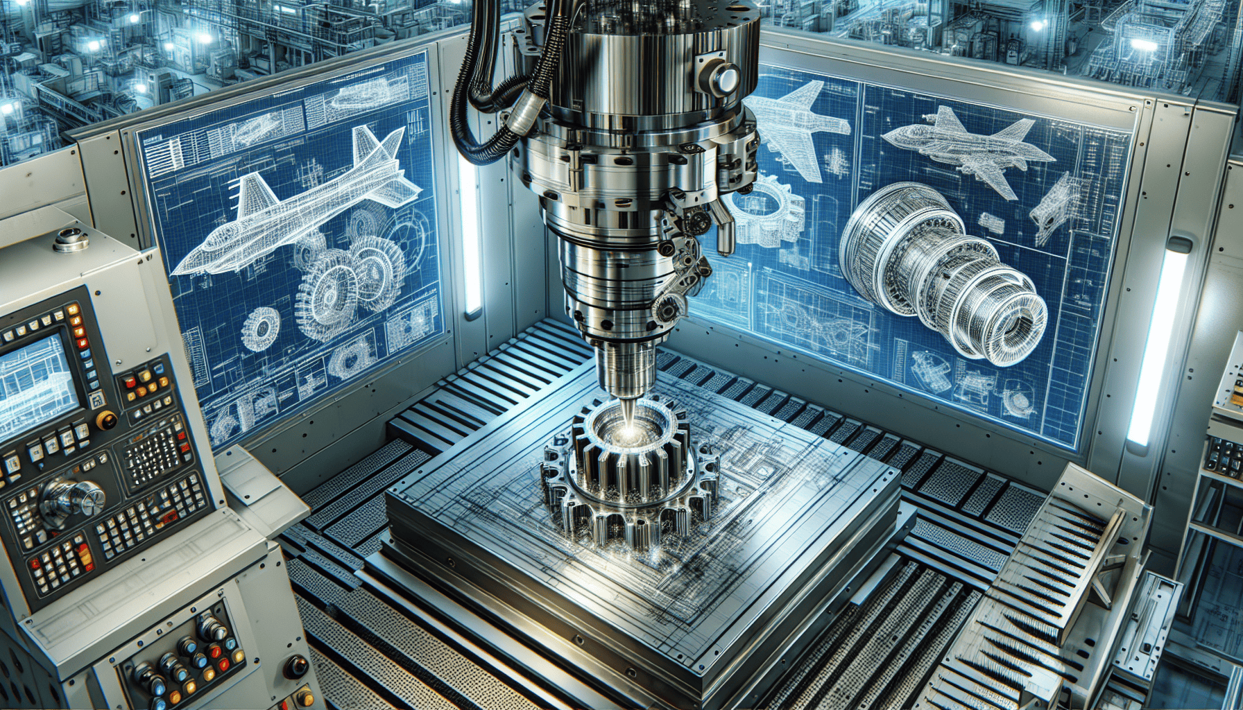 Large metal machine with drill bit and aircraft part blueprints.