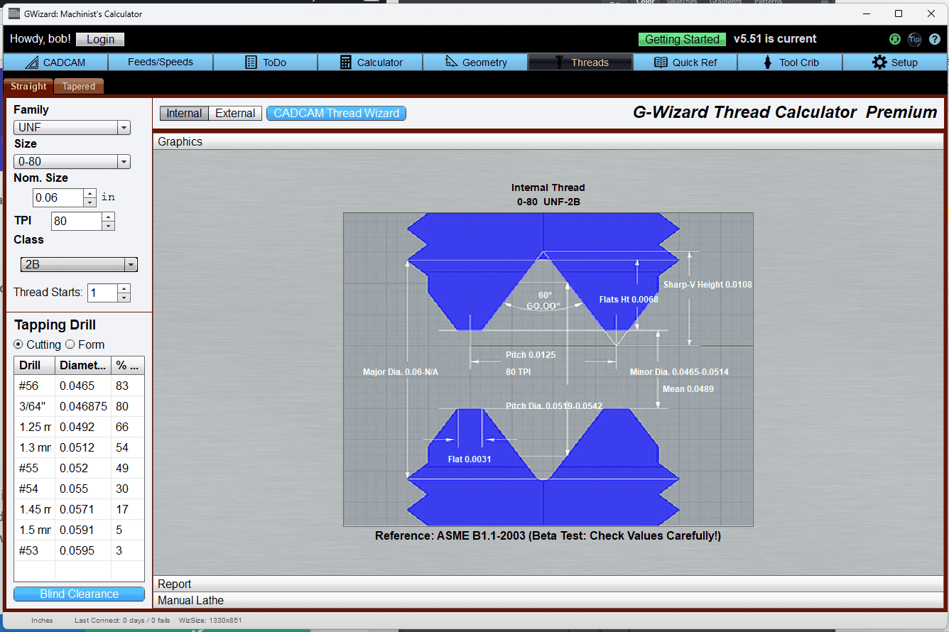 G-Wizard Thread Calculator screenshot for CNC machining.