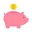 A pink pixelated piggy bank with a yellow coin above it, featuring a curved back and small tail.