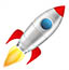A stylized illustration of a white rocket with red fins, yellow flame, and blue sphere, tilted to one side.
