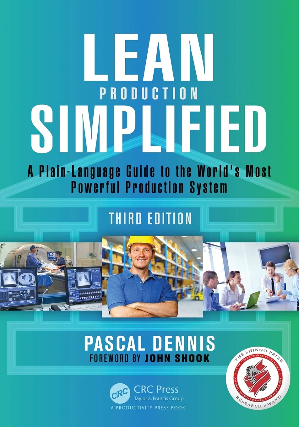 Lean Production Simplified book cover with teal background and logos.
